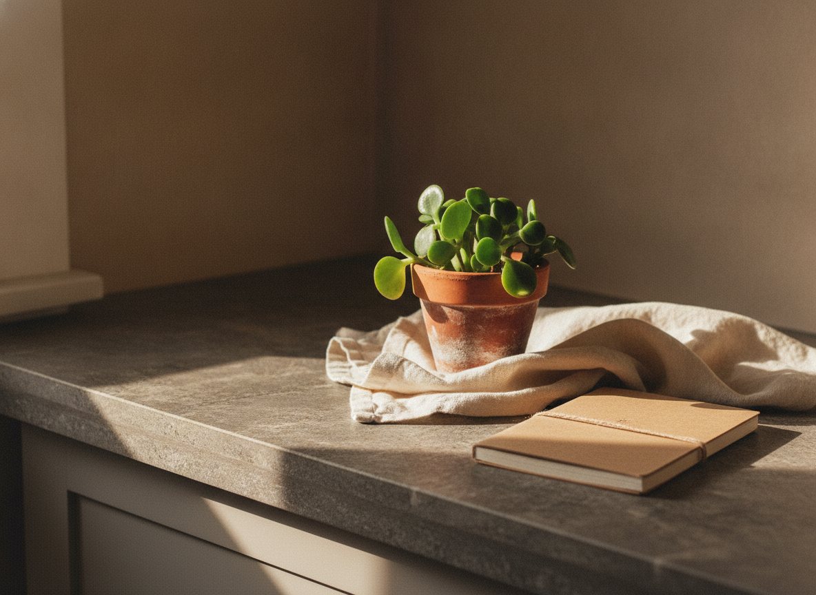 A cared-for corner of a living space just handled: a stone counter edge with a single potted plant, a folded linen cloth and a closed notebook, sunlight falling across the surface from an unseen window