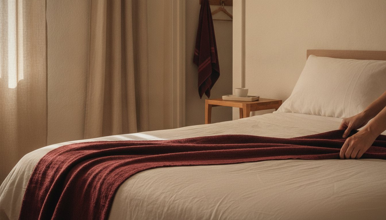 A made bed in a sunlit guest room, white linens turned back at one corner with a folded claret throw across the foot and two stacked towels set on top, late-morning light raking across the bedding from a tall window at the left, a nightstand with a small tray in soft focus