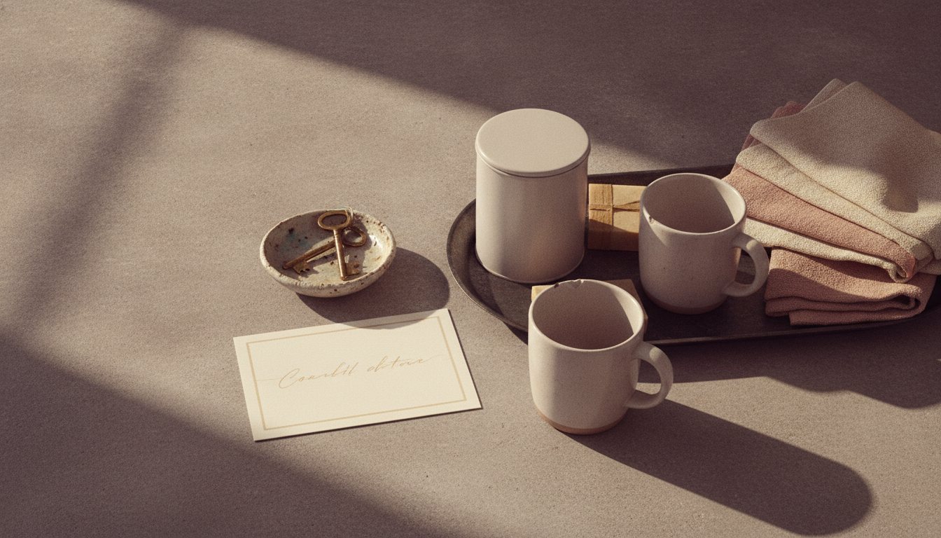 A handover detail on a wiped stone counter: two keys resting on a small ceramic dish beside a folded card, a low tray holding a coffee tin, a bar of wrapped soap and two clean mugs, and a stack of folded linen at the frame's right edge, shot slightly above at eye level in window light